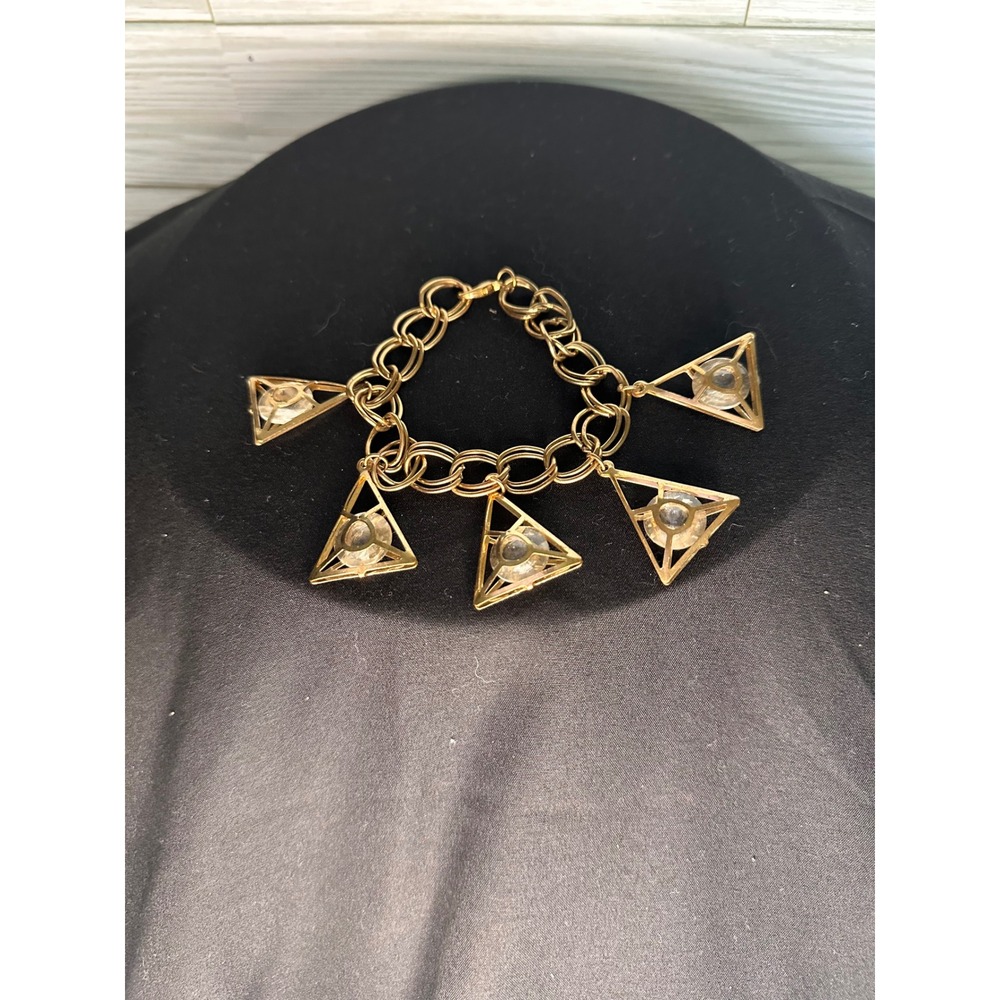 Vintage Pyramid Charm Gold Tone Bracelet with Clear Gems Excellent Geometric